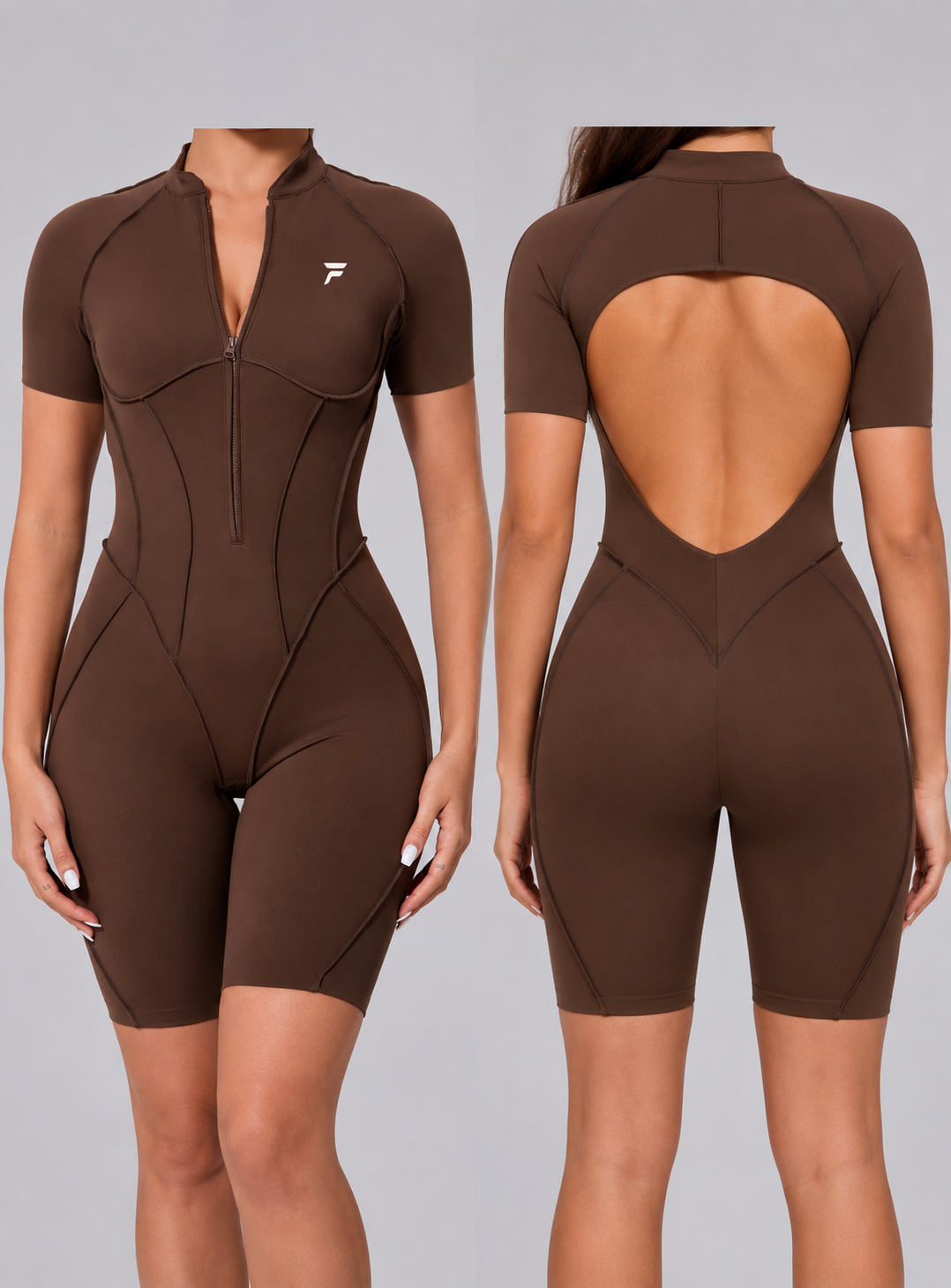 FINIQUE Sculpt open back jumpsuit - Chocolate brown
